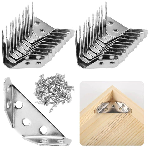 24 Piece Stainless Steel Triangle Corner Connectors Set with screws displayed for cabinets, shelves, tables, and chairs installation.