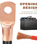Heavy Duty Copper Wire Lugs And Ring Terminals With Heat Shrink Tubing AWG 2 4 6 8 10 12 Gauge Assortment Kit close-up showing an open design terminal and battery.