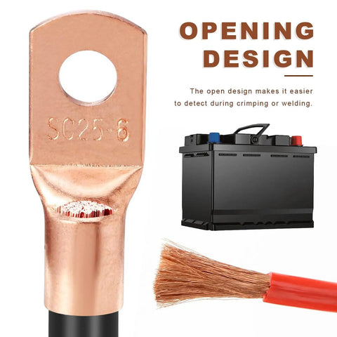 Heavy Duty Copper Wire Lugs And Ring Terminals With Heat Shrink Tubing AWG 2 4 6 8 10 12 Gauge Assortment Kit close-up showing an open design terminal and battery.
