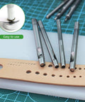 Eleven Piece Leather Craft Pro Grade Punch Tool Kit with Snap Fastener Setter and Rivet Die Set, showing metal hollow punches on leather.
