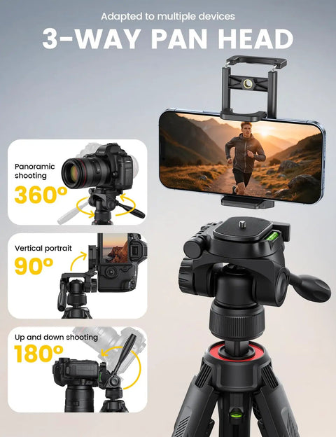 Go To Camera Tripod With Rapid Leg Deployment For DSLR, iPhone And GoPro, 67 Inch Adjustable Stand showcasing 3-way pan head