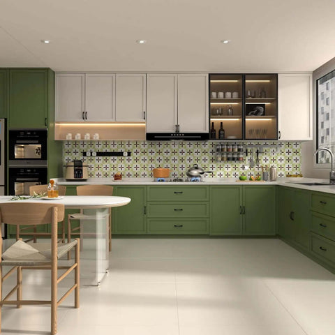 Modern kitchen featuring green cabinets with 5-Inch Curved Cabinet Handles Black Drawer Pulls for Dressers and Kitchens.