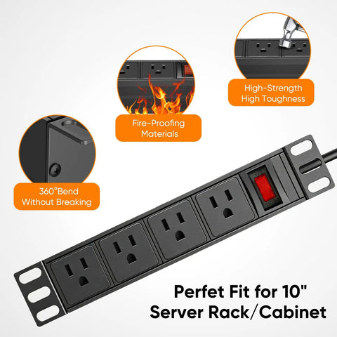 Plug And Play 10 Inch Rack PDU With Four AC Outlets Sits Perfectly Inside Mini Server Racks And Dishes Out 15 Amp 125V Power From A Gnarly Steel Casing For Serious Network Ops That Never Miss A Beat, highlighting fire-proof materials and multiple AC outlets.