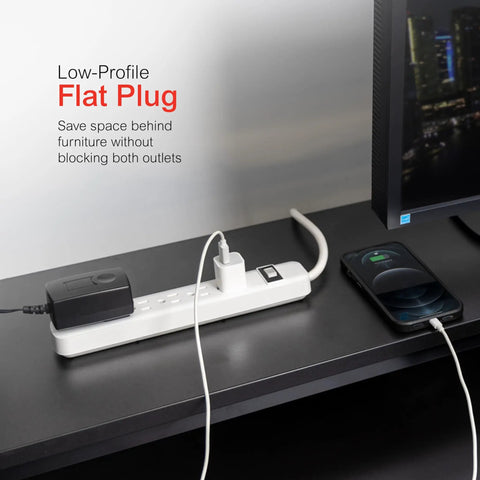 Six Outlet Power Strip With 12 Ft Extension Cord And Flat Plug Grounded With Integrated Circuit Breaker 3 Prong Wall Mount