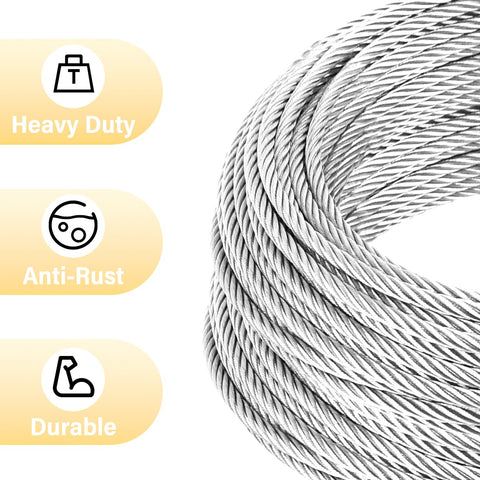 Half Inch Steel Cable Kit 10Ft 7x19 Aircraft Wire Rope With Loops, heavy duty, anti-rust, durable attributes shown.