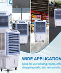 Heavy Duty Evaporative Swamp Cooler With 13.2 Gallon Tank And Four Premium Ice Packs generates chill in living spaces and outdoor settings.
