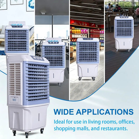 Heavy Duty Evaporative Swamp Cooler With 13.2 Gallon Tank And Four Premium Ice Packs generates chill in living spaces and outdoor settings.
