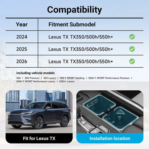 Compatibility chart for Lexus TX Cup Holder Insert For 2024 2025 2026 Models Silicone Center Console Sleeve with car and console images