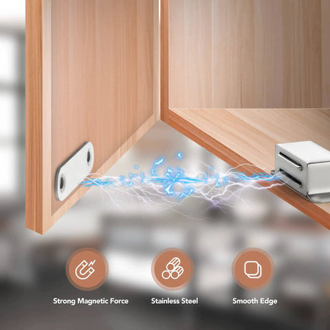 4 Pack Silver Magnetic Door Catch Set For Cabinets, Drawers And Cupboards, Brushed Satin Nickel Finish, installed on cabinet