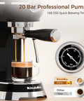 Pro Espresso Maker With Auto Milk Frother 20 Bar Pressure brewing espresso shot into glass with pressure gauge display.