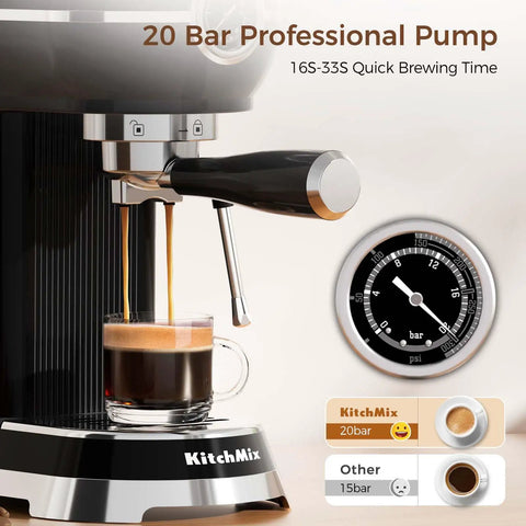 Pro Espresso Maker With Auto Milk Frother 20 Bar Pressure brewing espresso shot into glass with pressure gauge display.