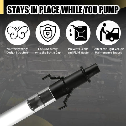 Close-up of Handy 30cc Fluid Pump with 'Butterfly Wing' design and secure locks for gallon bottles and vehicle maintenance.
