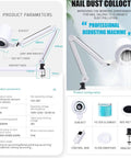 Badass Nail Dust Collector Vacuum With Sturdy Table Mount And Dimmable LED Light showcases technical specifications and features.