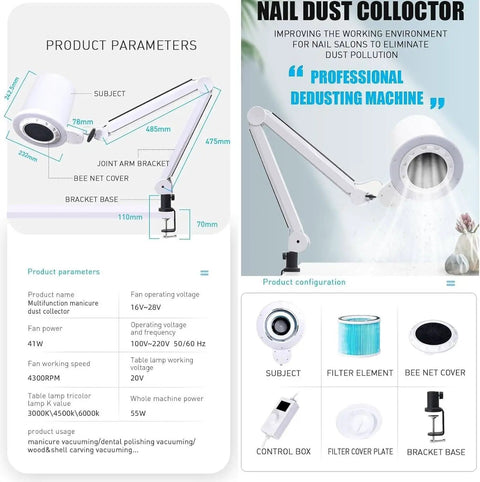 Badass Nail Dust Collector Vacuum With Sturdy Table Mount And Dimmable LED Light showcases technical specifications and features.