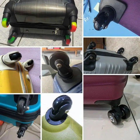 Close-up of 50mm replacement luggage wheels set for suitcases and travel bags, showing silent PU swivel casters and axles