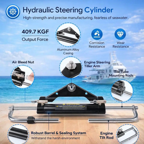 Beefed-Up 150HP Hydraulic Outboard Steering Kit for Single-Engine Boats, showcasing built-in two-way lock cylinder and 150 HP helm pump