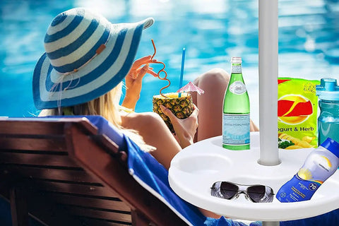 13 Inch Beach Umbrella Table Tray with Cup Holders, snacks, and drinks by poolside, white finish, fits poles 0.98 to 1.5 inches