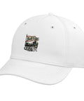 Cool White Baseball Cap For Machinist Men With Printed Vise Gauge Square CNC Tools Design And Adjustable Fit side view with logo.