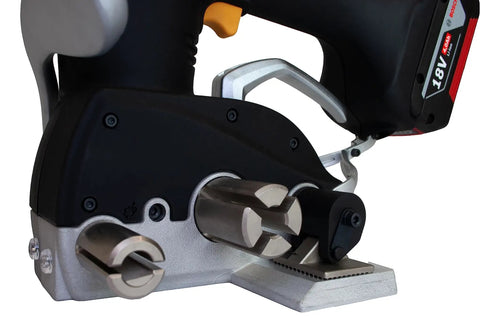 Close-up of Battery Powered Cord Strap Tensioner With Cutter For Woven And Composite Cord Strapping In Automatic Semi Automatic And Manual Modes
