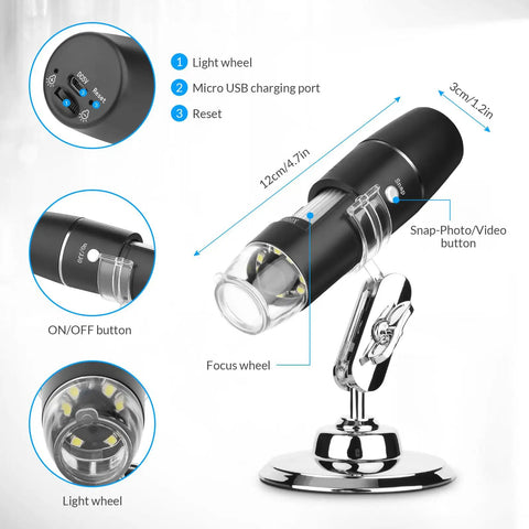 Wireless Handheld Digital Microscope for Kids and Adults, 50x to 1000x Magnification, 360 Degree Rotating Stand, Compatible With iPhone iPad Android Phones and Tablets, Portable, Great for Learning and Exploration, black with stand