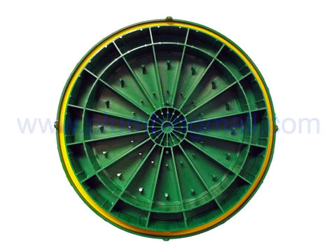 Bottom view of 24 Inch Heavy Duty Flat Riser Lid for Septic Tank Risers and Corrugated Pipe Risers, green, showing sturdy construction
