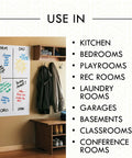 Specialty Dry Erase Brush-On Paint Kit White for indoor use on walls showing a home wall message area with notes and drawings.