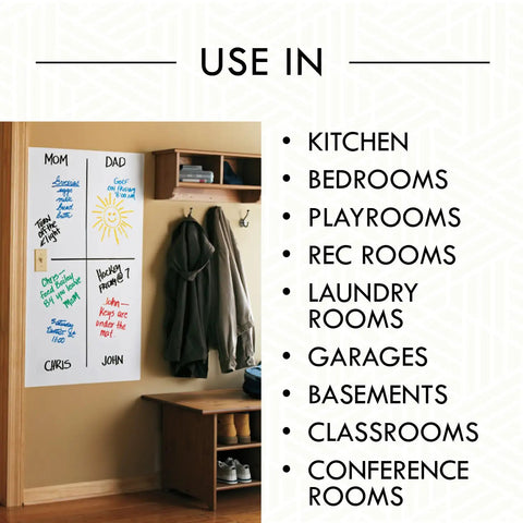 Specialty Dry Erase Brush-On Paint Kit White for indoor use on walls showing a home wall message area with notes and drawings.