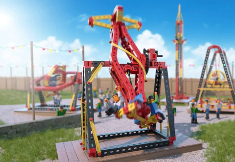 Crazy Rides Building Kit With 364 Components For Adults And Big Kids Hands On STEM Toy To Build Speedy Cars And Creative Creations Fully Compatible With Other Sets A Fun Gift For Holidays And Weekend Projects. red carnival swing ride model