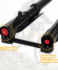 Close-up of 29 Inch Mountain Bike Air Inverted Front Fork With 200mm Travel showing air chamber and rebound adjustment