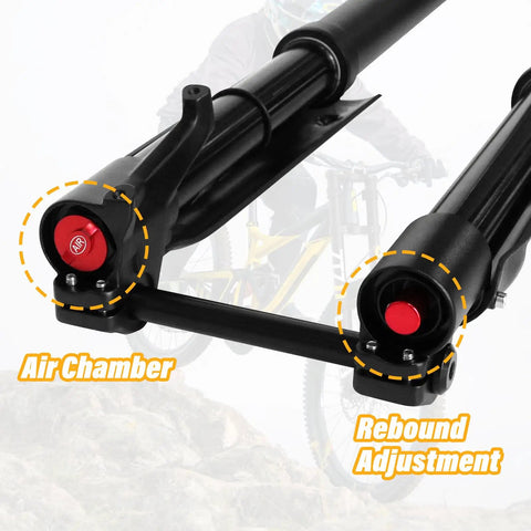 Close-up of 29 Inch Mountain Bike Air Inverted Front Fork With 200mm Travel showing air chamber and rebound adjustment