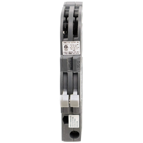 Side view of Two Pole 40 Amp Thin Series Molded Case Circuit Breaker Replacement For Electrical Panels 120 240 Volt Plug In Type