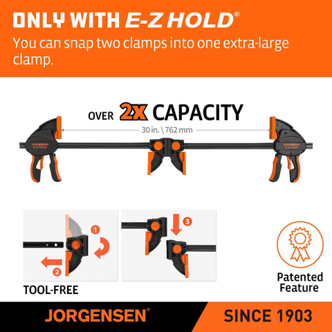 Rock Solid Heavy Duty Bar Clamps 2 Pack 12 Inch with E-Z Hold feature, showing 30-inch clamp with tool-free operation.