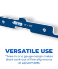 Precision Router Table Setup Bars Set Of Seven Gauge Measuring Sticks For Woodworkers, close-up of blue aluminum gauge for depth measurements.
