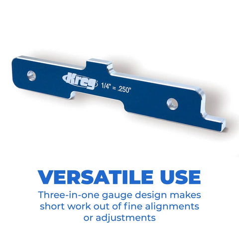 Precision Router Table Setup Bars Set Of Seven Gauge Measuring Sticks For Woodworkers, close-up of blue aluminum gauge for depth measurements.