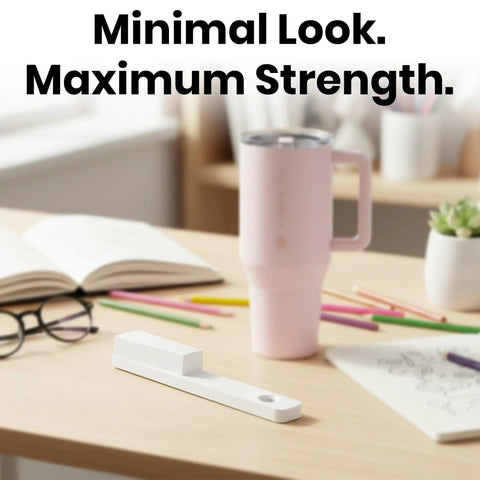 One Hand Tumbler Lid Opener With Ergonomic Lever next to a pink tumbler on a desk with glasses and stationery.