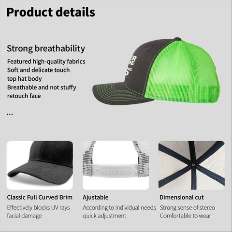 Dope Marching Band Trucker Cap For Men With Fluorescent Green Front Artwork side view, black brim, and adjustable back