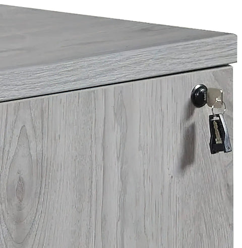 Slick Gray Oak U Shaped Electric Sit Stand Desk With Hassle Free Height Adjustment Includes Overhead Hutch Four Laminate Doors Two Locking File Cabinets And Modesty Panel For A Boss Ready Home Office Setup close-up of gray oak laminate surface and locking file drawer.