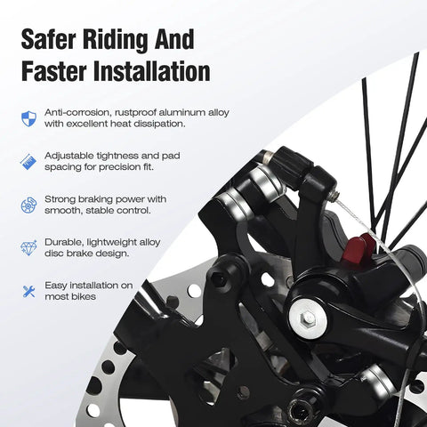 Close-up of Beefy Aluminum Mechanical Disc Brake Caliper Set for Bikes highlighting rust-resistant and adjustable features.