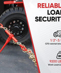 Heavy Duty Chain And Binder Set For Flatbed Tie Downs Three Eighths Inch By Ten Feet Chains With Two Ratchet Binders 9,200 Lbs WLL