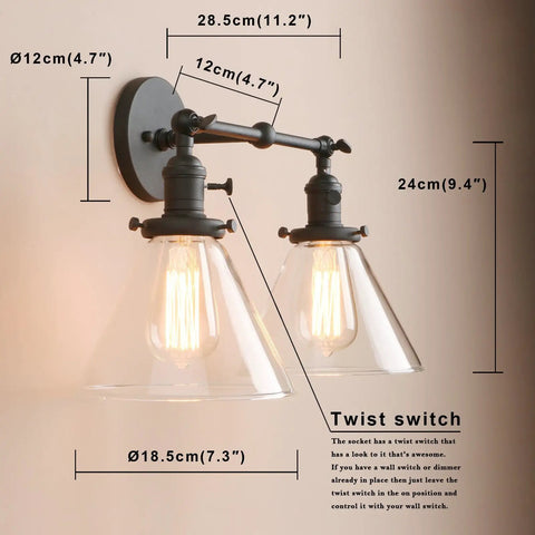 Industrial Black Wall Sconce Lighting Set Two Light Vanity Fixtures with glass shades and twist switch, dimensions provided