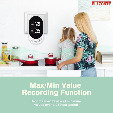 Plug-In Wall Decibel Meter With 3-In-1 Noise Temp And Humidity Detector For Home, Classroom, Library Or Rental, Real-Time Sound Level Readout With Fast Or Slow Refresh, Max/Min Data Hold, 30-130 dBA on wall in kitchen