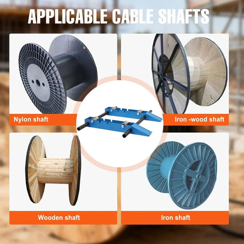 Heavy Duty Cable Drum Roller Reel Dispenser Rolls Out 30 To 120 Cm Wire Spools with nylon, wooden, and iron shafts as options.