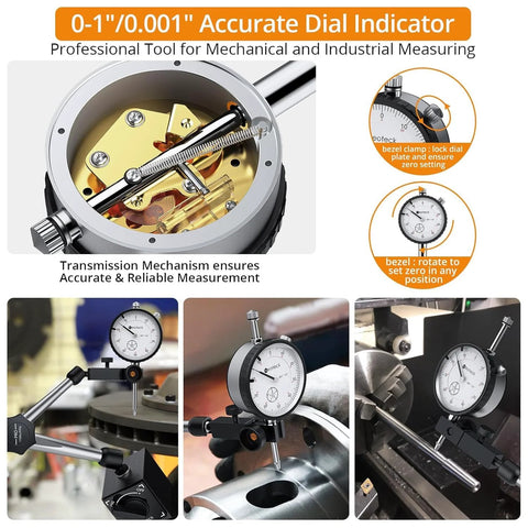 Neoteck 0-1 in dial indicator with magnetic base; front view with white dial, 0.001 in graduation, storage case.