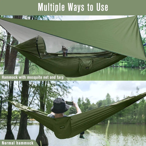 Durable Outdoor Camping Hammock with mosquito net and rain fly set up by a lake, made from heavy-duty parachute nylon.