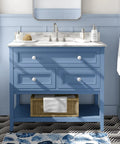 Badass White Round Cabinet Knobs For Kitchen And Farmhouse Drawers Boasting A Super Clean Slick Design Sturdy Zinc Build With No Hassle Quick Install Mounting Screws Included Tight Grip Handles 10 Pack on blue vanity with marble top.