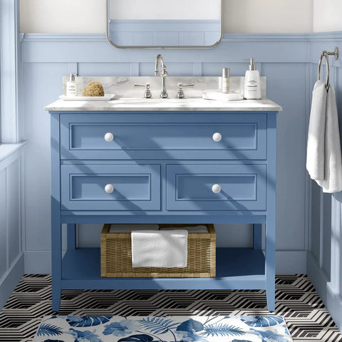 Badass White Round Cabinet Knobs For Kitchen And Farmhouse Drawers Boasting A Super Clean Slick Design Sturdy Zinc Build With No Hassle Quick Install Mounting Screws Included Tight Grip Handles 10 Pack on blue vanity with marble top.