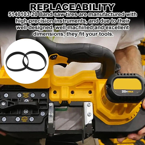 Replacement Tire For Dewalt Bandsaw DCS370 And DCS371 Series 2 Pack Easy Install displayed with bandsaw tool in use.
