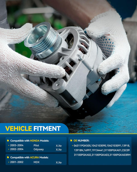 Mechanic holding 130 Amp 12V direct fit alternator replacement for 2002-2004 Honda Odyssey and 2001-2002 Acura MDX