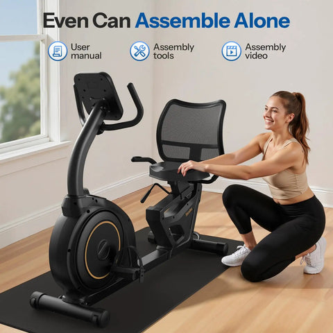 Woman assembling Recumbent Exercise Bike For Home Gym With Magnetic Resistance, 32 Levels, Electric Resistance System, 400 Lbs Weight Capacity