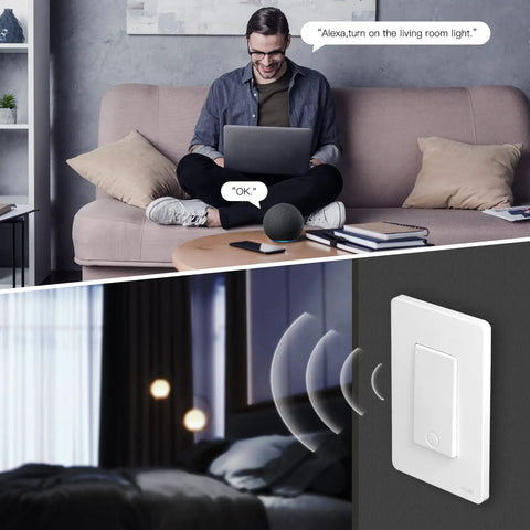 Smart Light Switches 2.4GHz WiFi Single Pole and 3 Way Wall Switches, Alexa and Google Home compatible, man using voice control